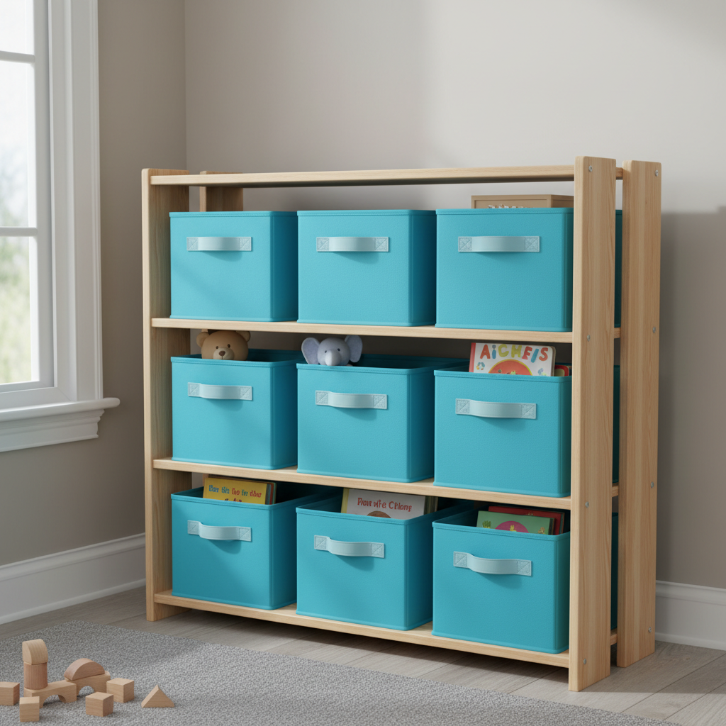 3-Tier Kids Storage Unit With 9 Non-Woven Fabric Boxes For Toys, Books, For Bedroom, Nursery, Blue