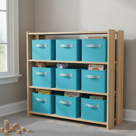 3-Tier Kids Storage Unit With 9 Non-Woven Fabric Boxes For Toys, Books, For Bedroom, Nursery, Blue