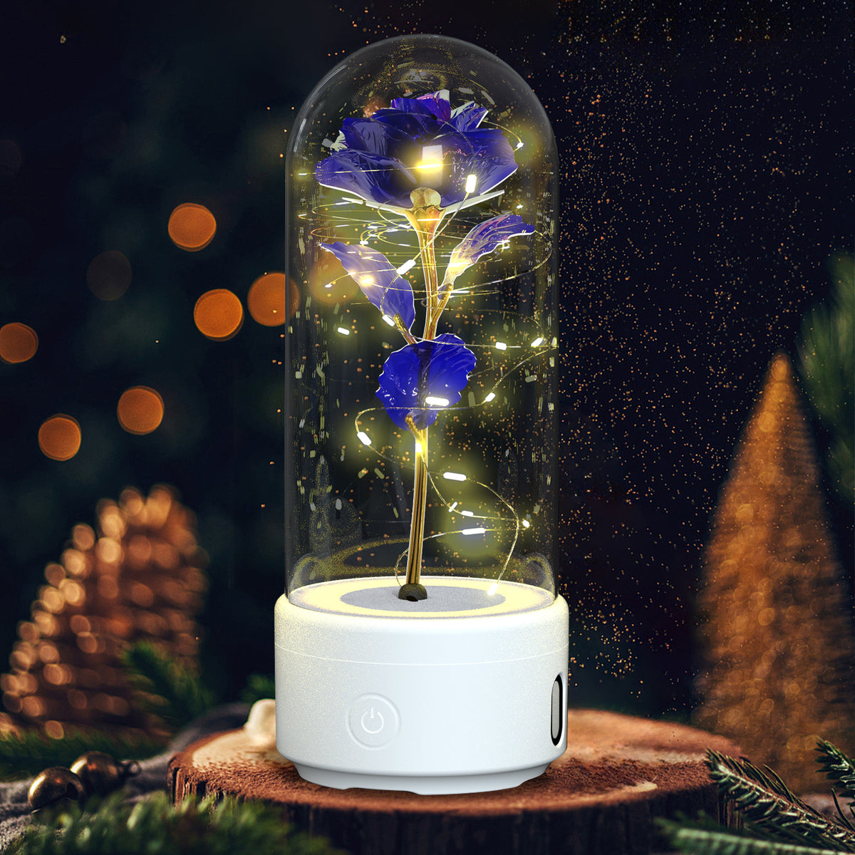 Veilleuse créative 2 en 1 avec fleurs roses, lampe LED et haut-parleur compatible Bluetooth, cadeau de Saint-Valentin, ornement lumineux en forme de rose sous cloche en verre