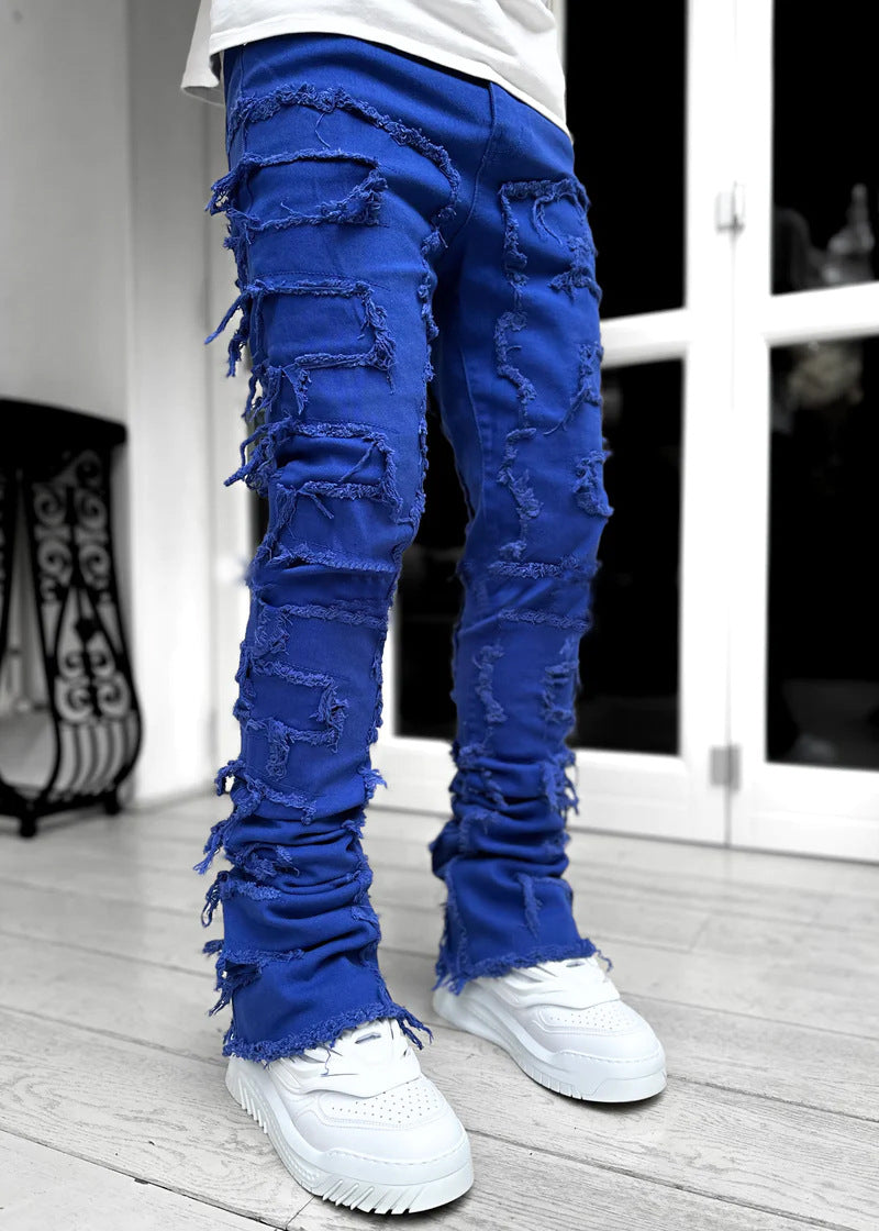 Pantalon déchiré à franges, avec patchs individuels, coupe longue ajustée, jean superposé pour hommes