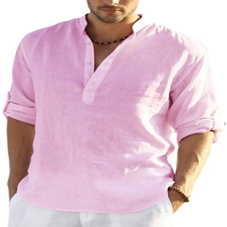 Chemise Décontractée Homme Coton Lin Couleur Unie Manches Longues Col Montant Ample