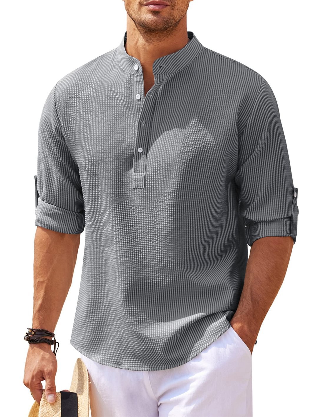 Chemise décontractée pour homme à manches longues col montant couleur unie Vêtements pour hommes
