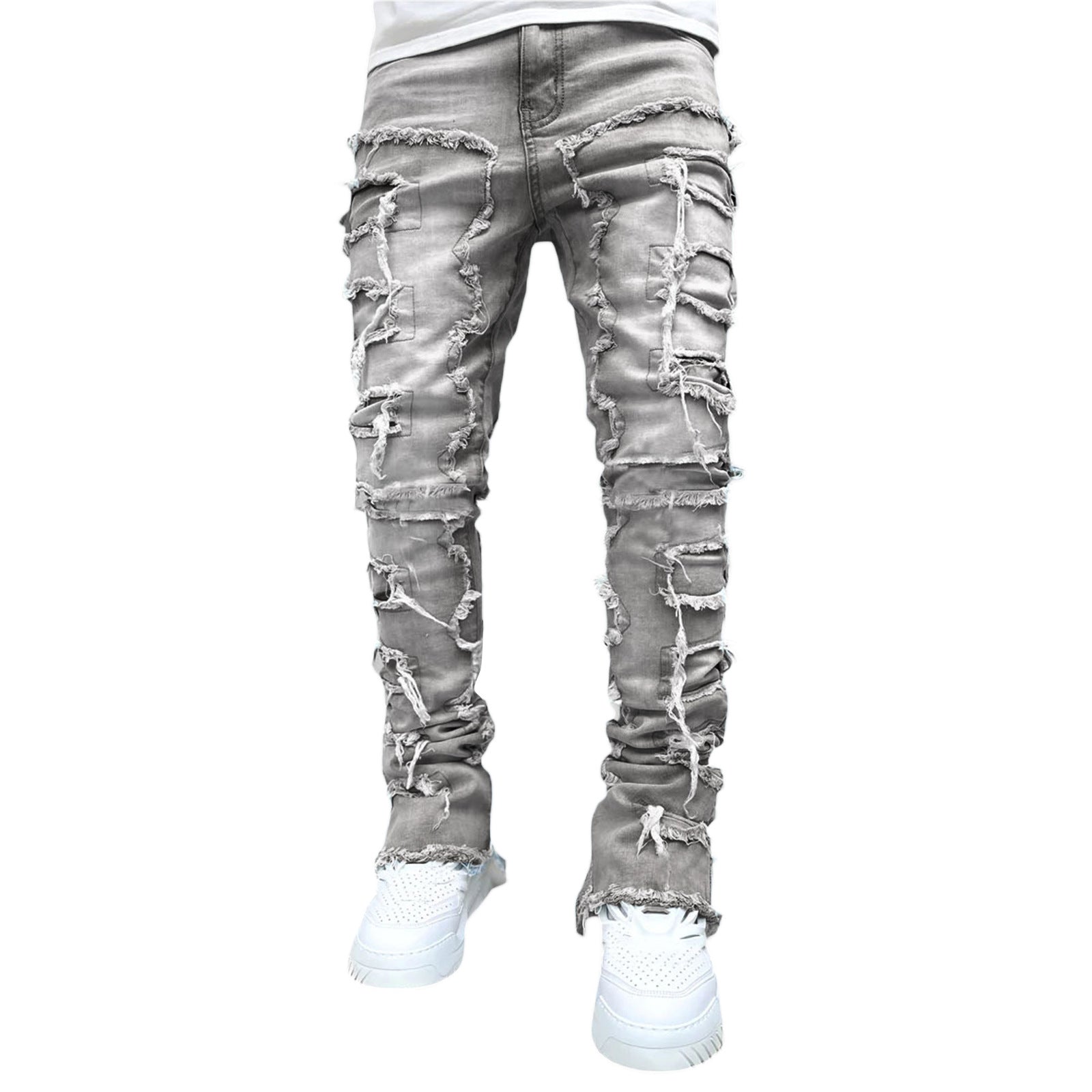 Pantalon déchiré à franges, avec patchs individuels, coupe longue ajustée, jean superposé pour hommes