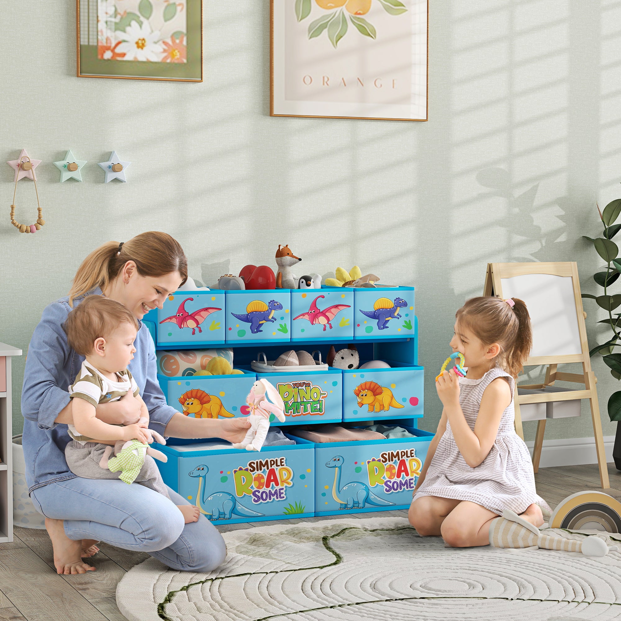 3-Tier Kids Storage Unit With 9 Non-Woven Fabric Boxes For Toys, Books, For Bedroom, Nursery, Blue