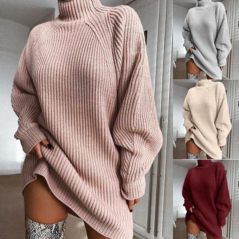 Pull long à col roulé uni, chaud, pour femme, robe-pull d'hiver