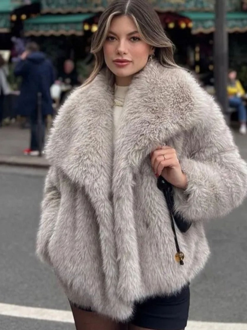 Manteau d'hiver en peluche mode chaud épais moelleux revers veste décontractée hauts à manches longues vêtements pour femmes