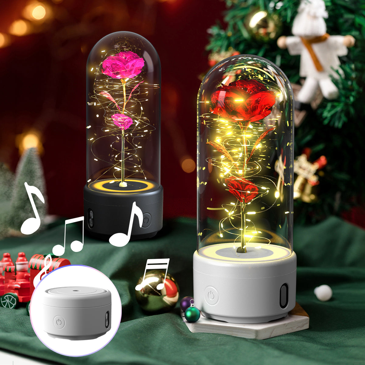 Veilleuse créative 2 en 1 avec fleurs roses, lampe LED et haut-parleur compatible Bluetooth, cadeau de Saint-Valentin, ornement lumineux en forme de rose sous cloche en verre
