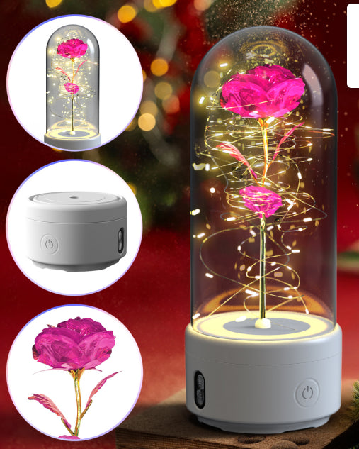 Veilleuse créative 2 en 1 avec fleurs roses, lampe LED et haut-parleur compatible Bluetooth, cadeau de Saint-Valentin, ornement lumineux en forme de rose sous cloche en verre