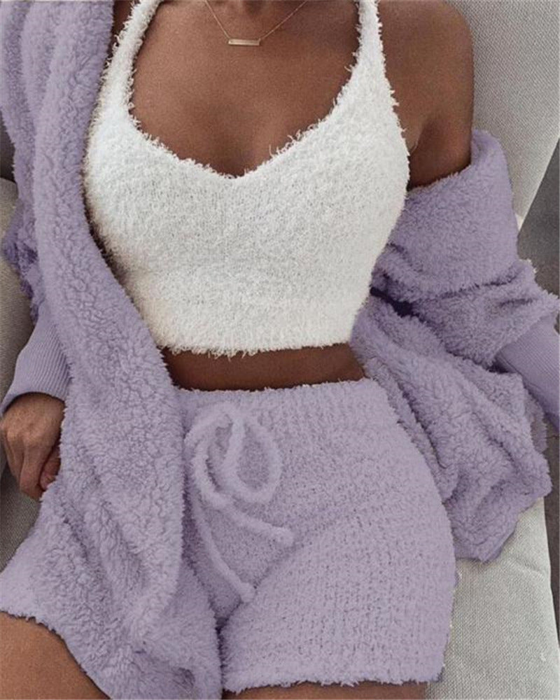 Ensemble pyjama 3 pièces femme avec débardeur court à manches longues et short à cordon de serrage
