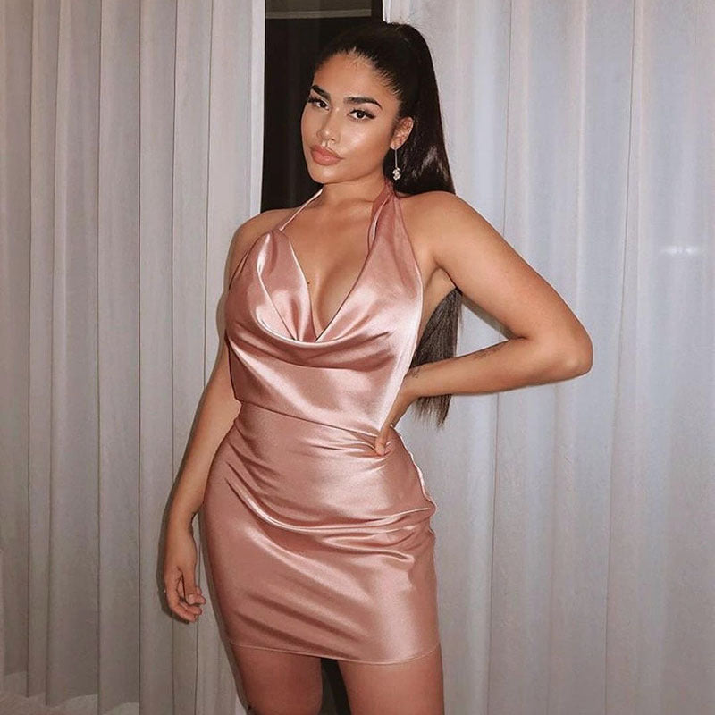 Robe de soirée en satin Col en V Dos nu Mini sans manches Robe de soirée d'été