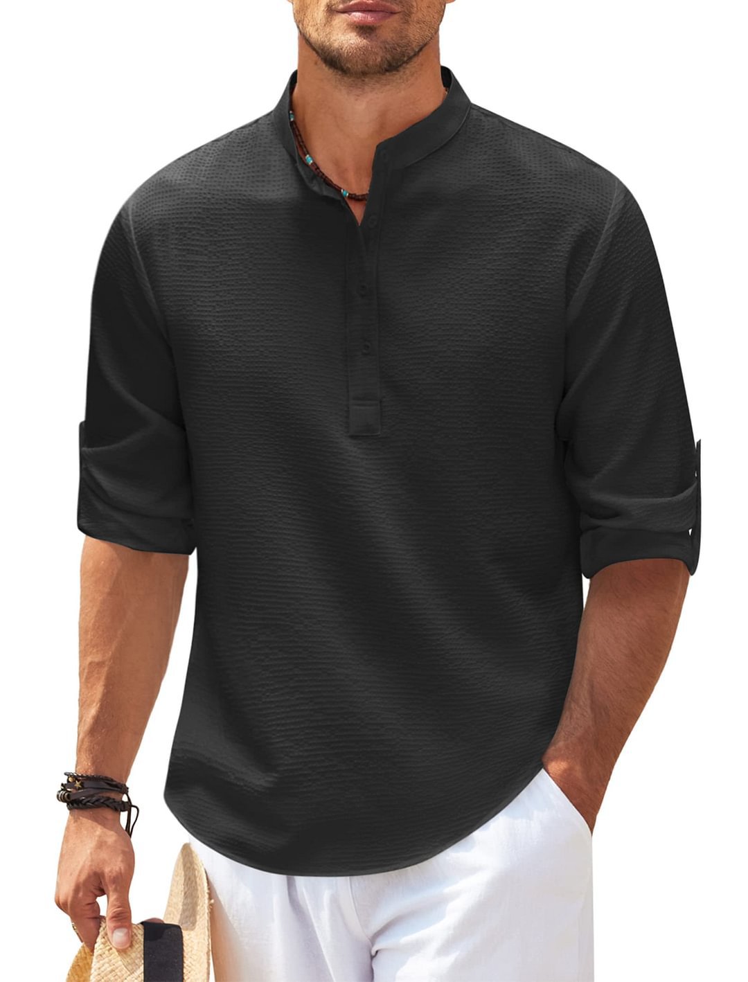 Chemise décontractée pour homme à manches longues col montant couleur unie Vêtements pour hommes