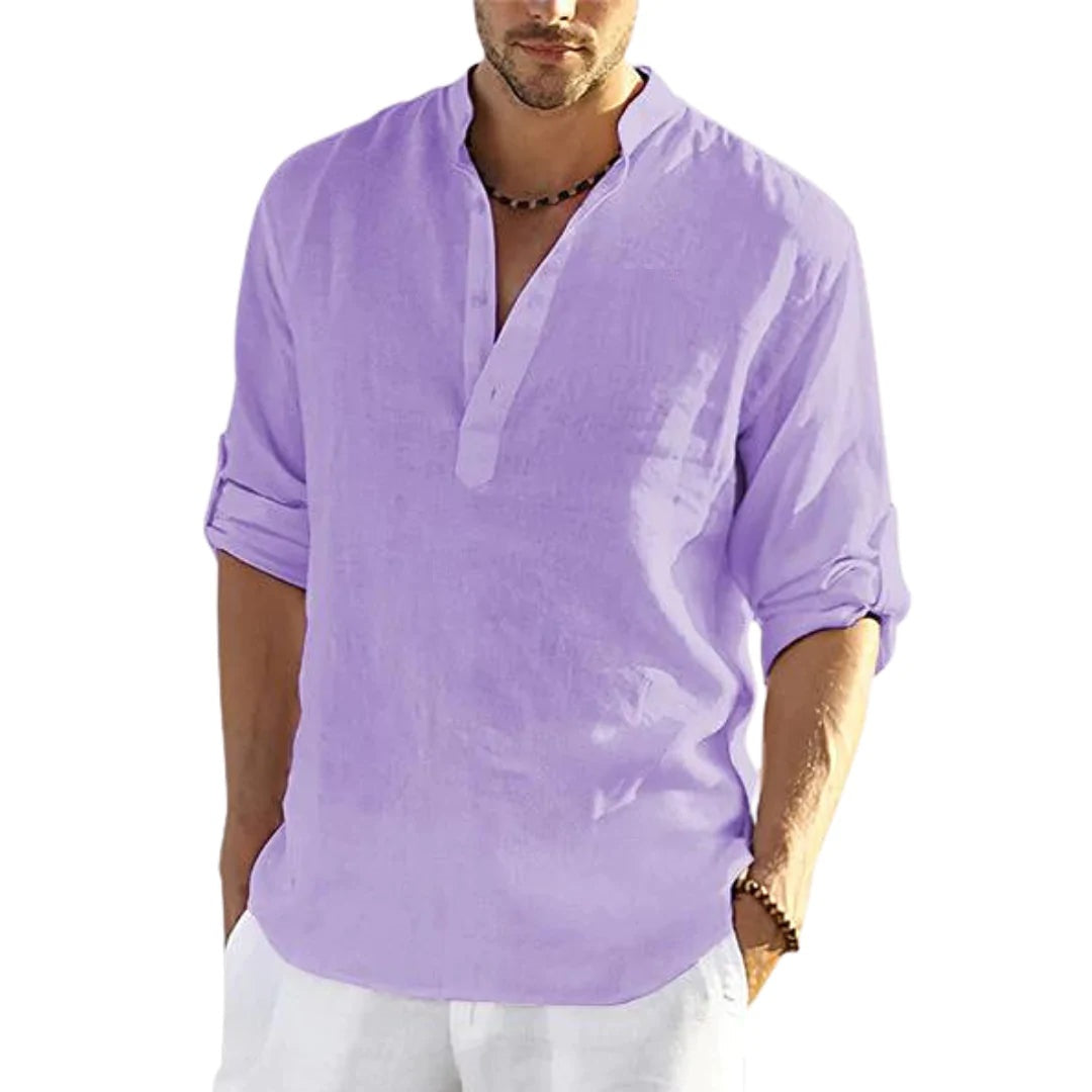 Chemise Décontractée Homme Coton Lin Couleur Unie Manches Longues Col Montant Ample