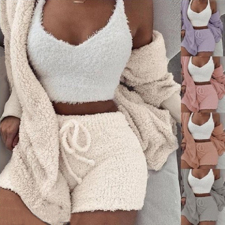 Ensemble pyjama 3 pièces femme avec débardeur court à manches longues et short à cordon de serrage