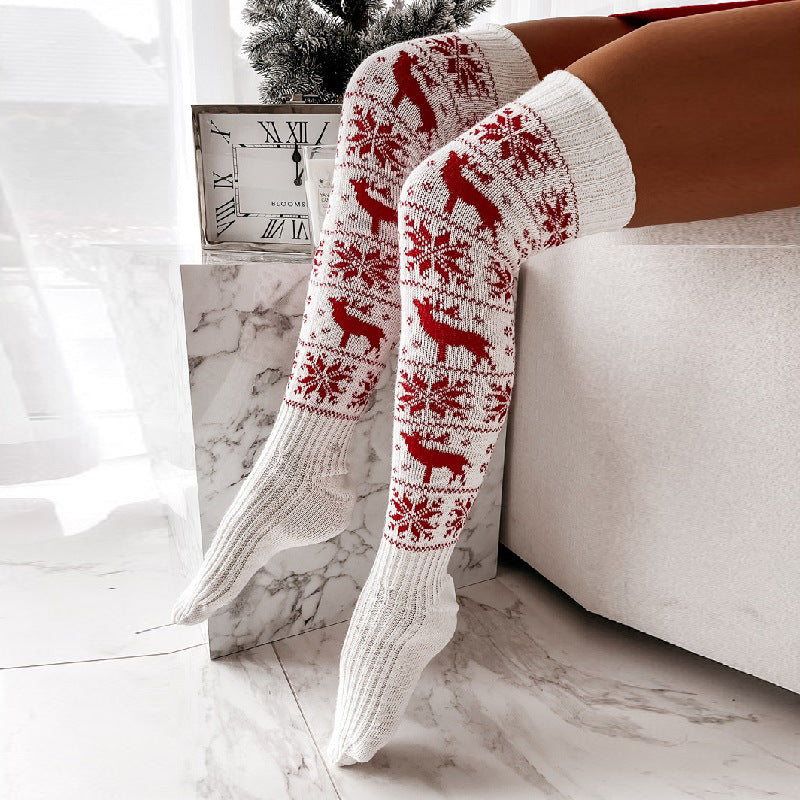 Chaussettes longues décontractées en tricot chaud de Noël pour femme avec motif jacquard cerf et flocon de neige, au-dessus du genou, taille unique, pour cadeaux