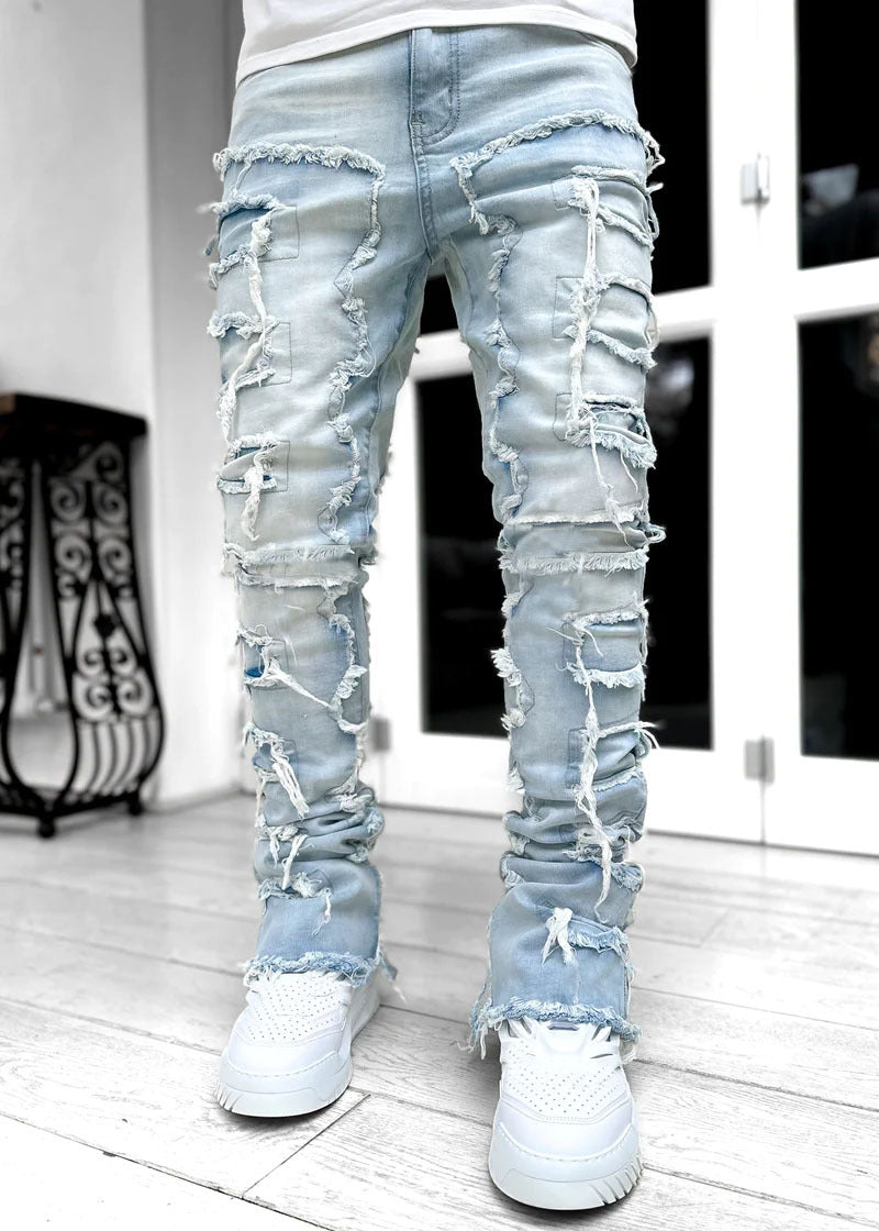 Pantalon déchiré à franges, avec patchs individuels, coupe longue ajustée, jean superposé pour hommes