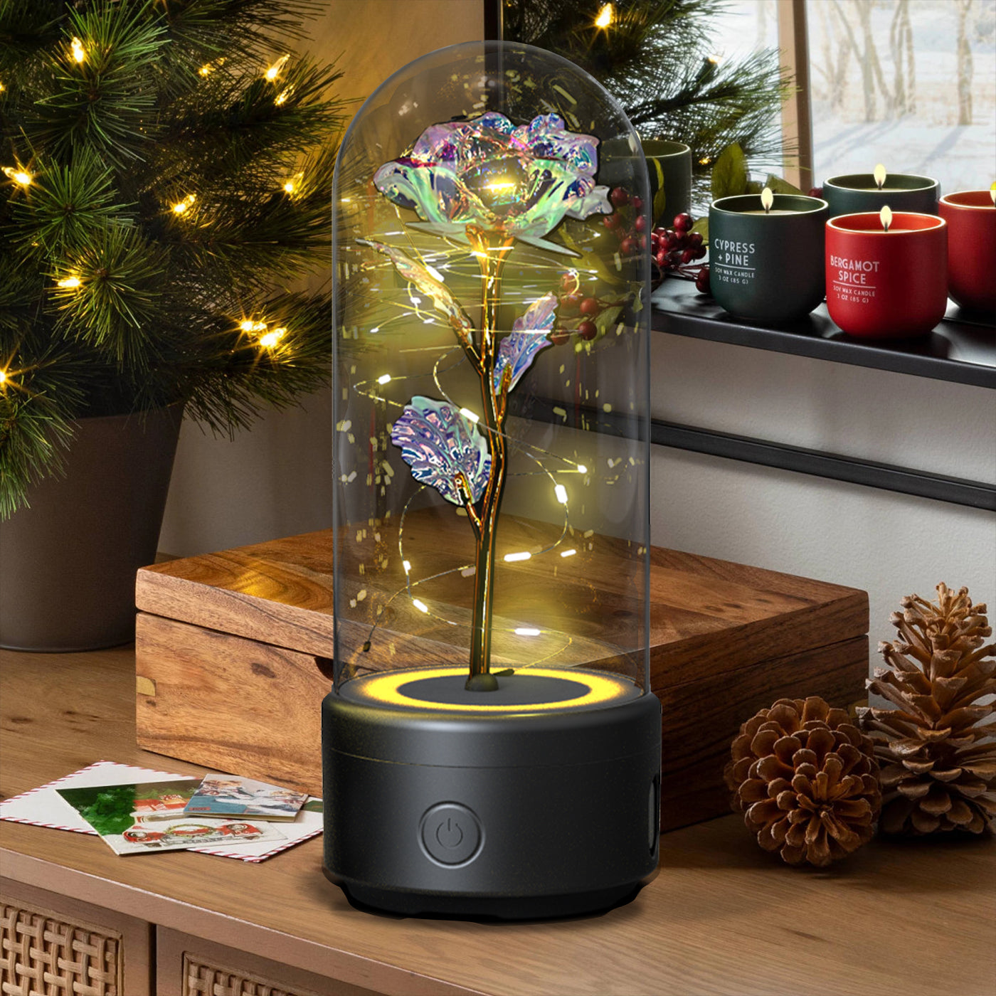 Veilleuse créative 2 en 1 avec fleurs roses, lampe LED et haut-parleur compatible Bluetooth, cadeau de Saint-Valentin, ornement lumineux en forme de rose sous cloche en verre