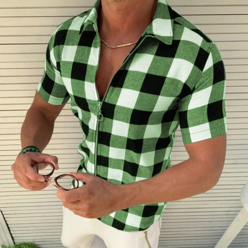 Chemise à carreaux pour hommes, à manches courtes et fermeture éclair, vêtements d'été pour hommes