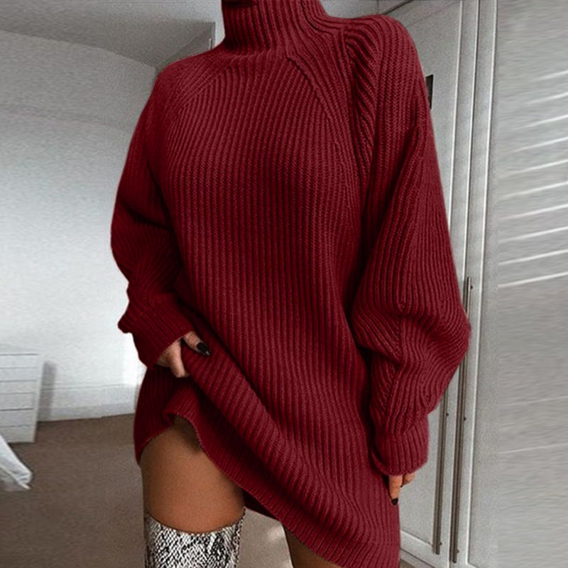 Pull long à col roulé uni, chaud, pour femme, robe-pull d'hiver