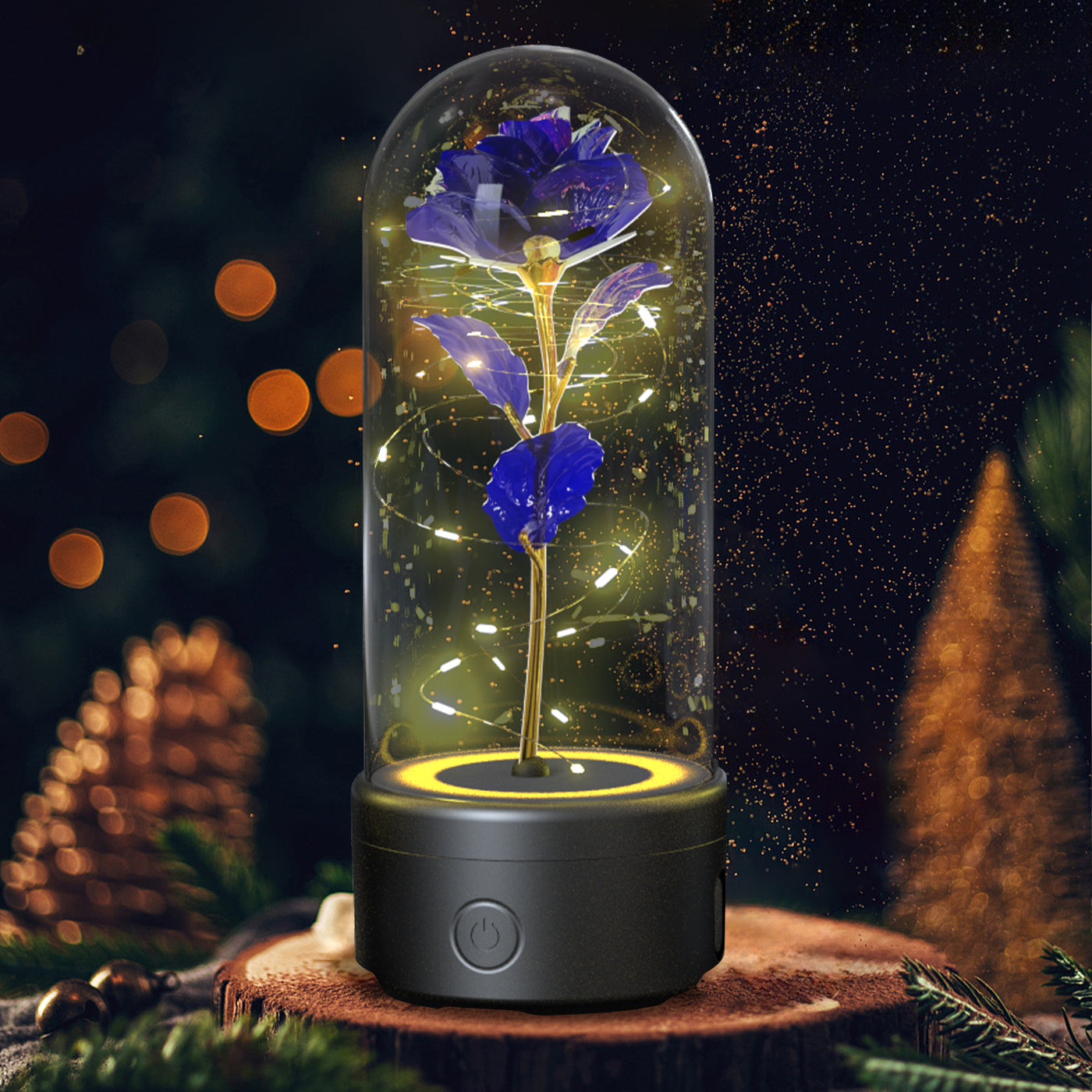 Veilleuse créative 2 en 1 avec fleurs roses, lampe LED et haut-parleur compatible Bluetooth, cadeau de Saint-Valentin, ornement lumineux en forme de rose sous cloche en verre