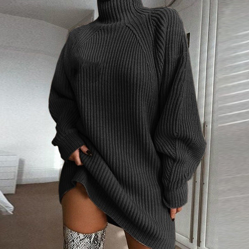 Pull long à col roulé uni, chaud, pour femme, robe-pull d'hiver