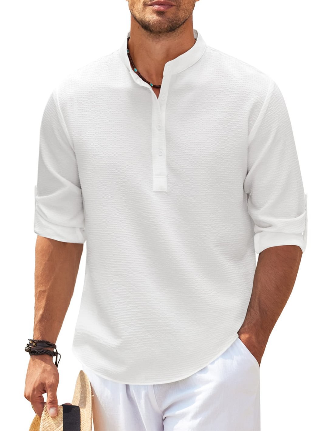 Chemise décontractée pour homme à manches longues col montant couleur unie Vêtements pour hommes