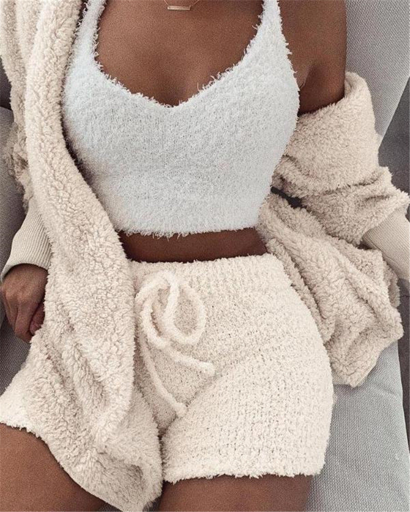 Ensemble pyjama 3 pièces femme avec débardeur court à manches longues et short à cordon de serrage