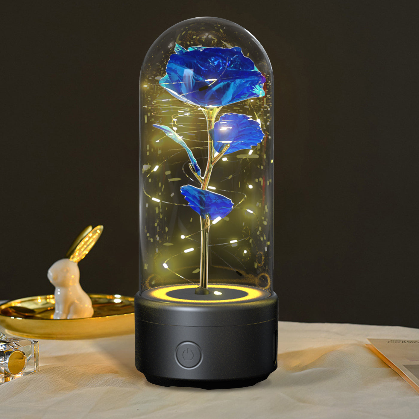 Veilleuse créative 2 en 1 avec fleurs roses, lampe LED et haut-parleur compatible Bluetooth, cadeau de Saint-Valentin, ornement lumineux en forme de rose sous cloche en verre