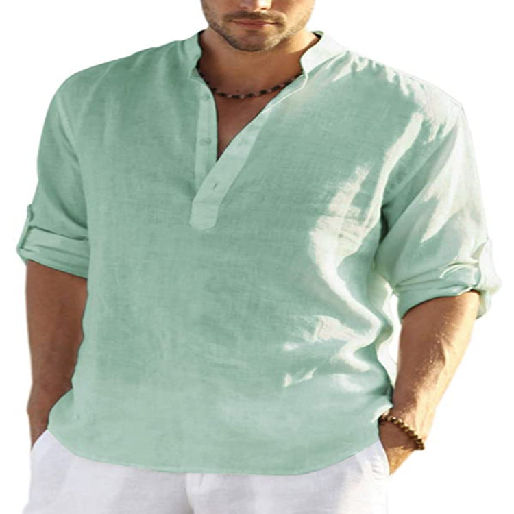 Chemise Décontractée Homme Coton Lin Couleur Unie Manches Longues Col Montant Ample