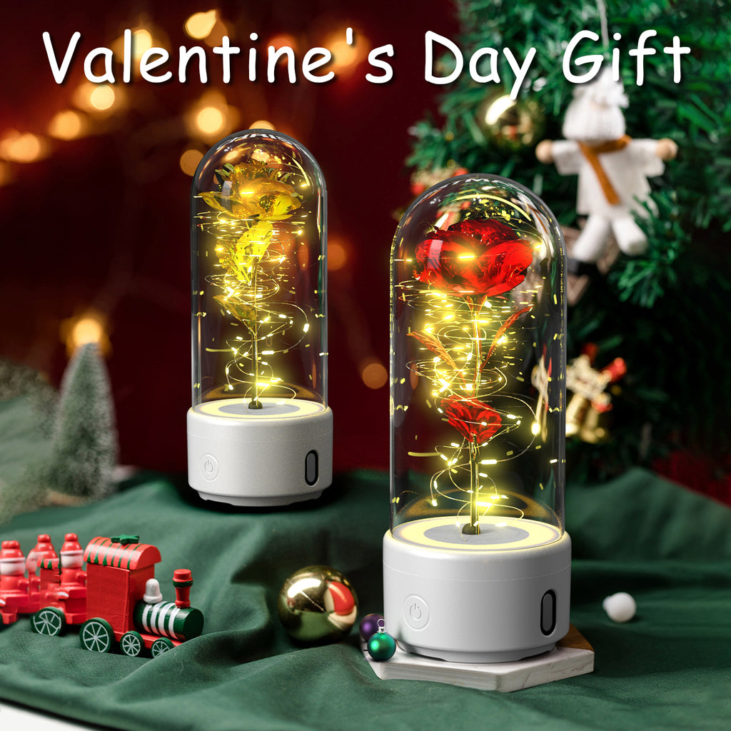 Veilleuse créative 2 en 1 avec fleurs roses, lampe LED et haut-parleur compatible Bluetooth, cadeau de Saint-Valentin, ornement lumineux en forme de rose sous cloche en verre