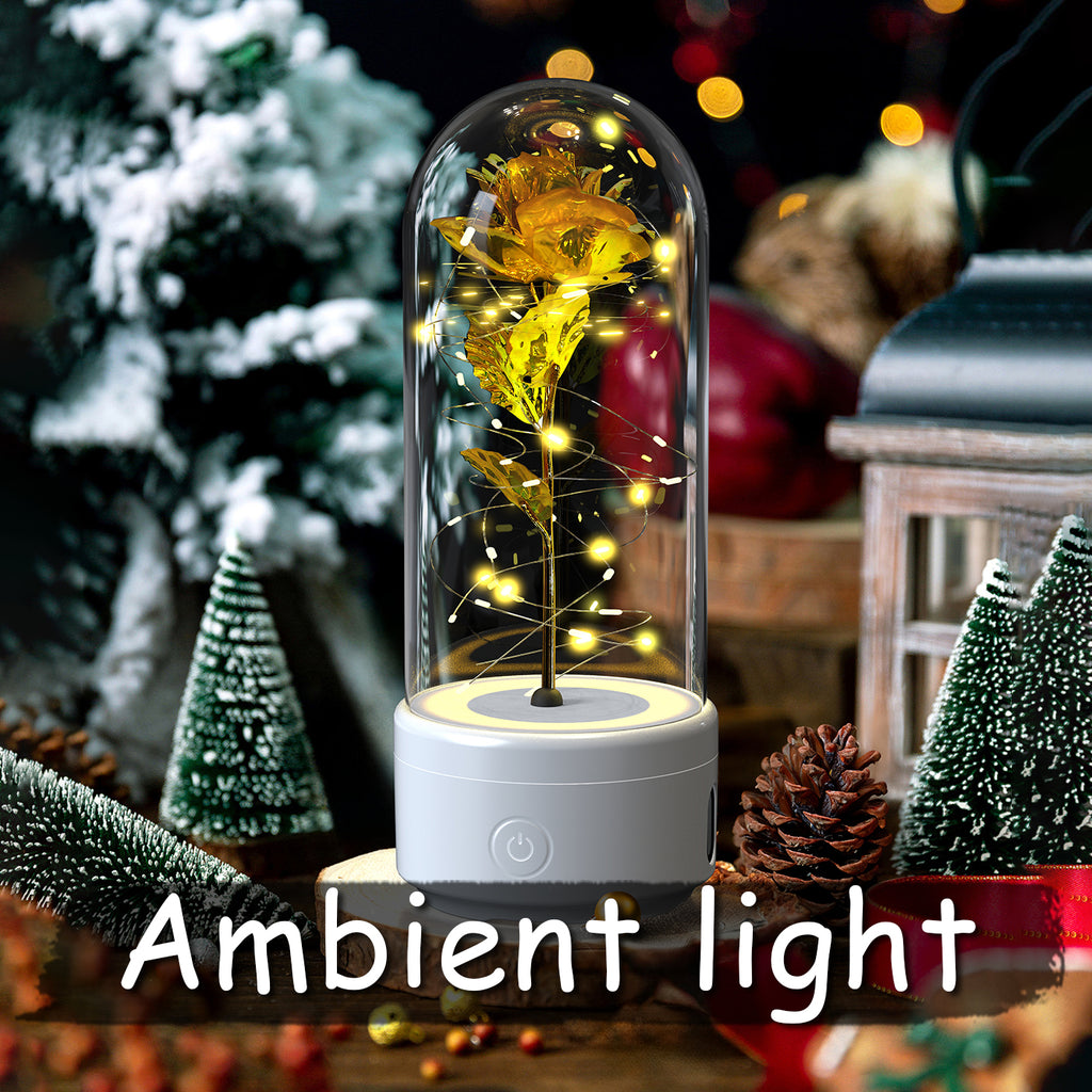 Veilleuse créative 2 en 1 avec fleurs roses, lampe LED et haut-parleur compatible Bluetooth, cadeau de Saint-Valentin, ornement lumineux en forme de rose sous cloche en verre