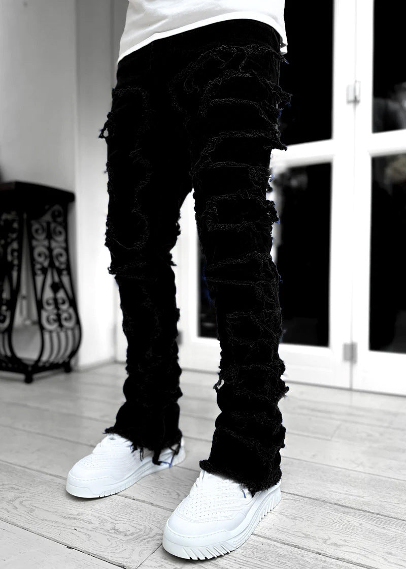 Pantalon déchiré à franges, avec patchs individuels, coupe longue ajustée, jean superposé pour hommes