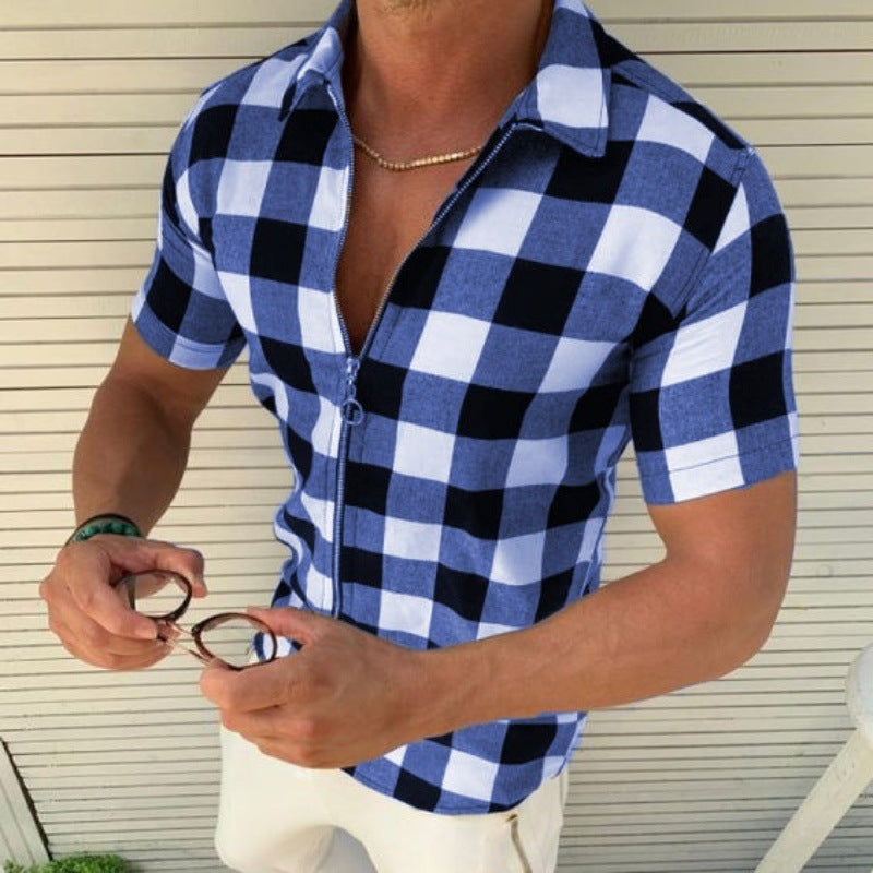 Chemise à carreaux pour hommes, à manches courtes et fermeture éclair, vêtements d'été pour hommes