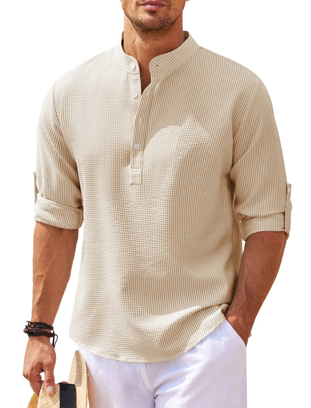 Chemise décontractée pour homme à manches longues col montant couleur unie Vêtements pour hommes