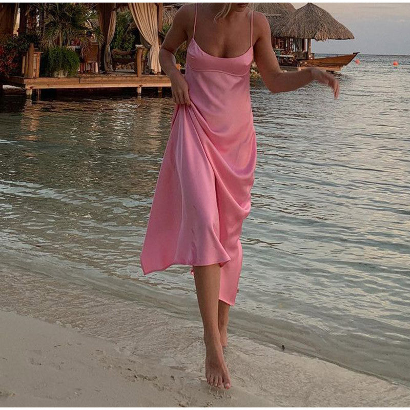 Robe longue satinée femme Élégante sans manches à bretelles fines, Robe de soirée sexy décontractée sans dos pour l'été