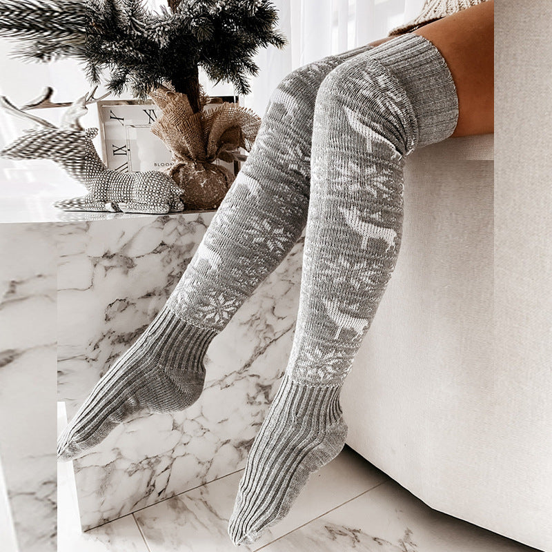 Chaussettes longues décontractées en tricot chaud de Noël pour femme avec motif jacquard cerf et flocon de neige, au-dessus du genou, taille unique, pour cadeaux
