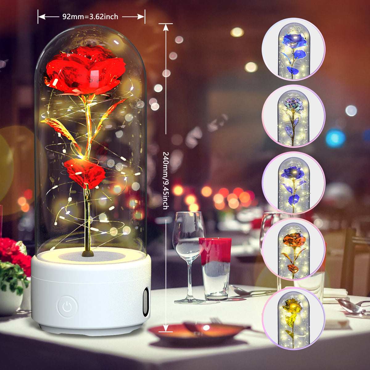 Veilleuse créative 2 en 1 avec fleurs roses, lampe LED et haut-parleur compatible Bluetooth, cadeau de Saint-Valentin, ornement lumineux en forme de rose sous cloche en verre