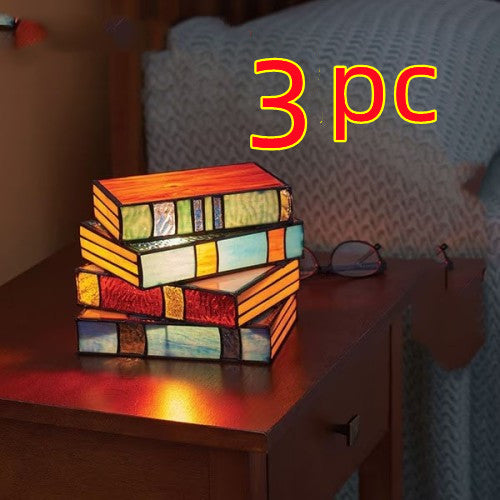 Lampe de chevet empilée en forme de livres, artisanat en résine, lampe de bureau empilée en forme de livres, lampe de lecture de table en vitrail décorative