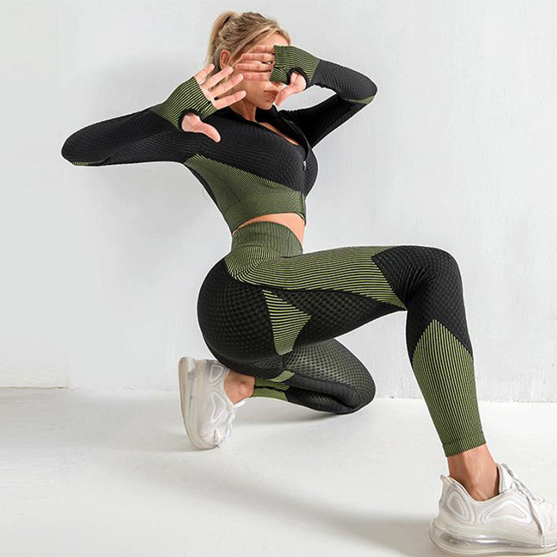 Ensemble de Yoga 3 Pièces Sans Couture Tenue Sport Femme Legging Femme Crop Top Soutien-Gorge de Sport Femme Ensemble Fitness Gym Tenue Femme Survêtement