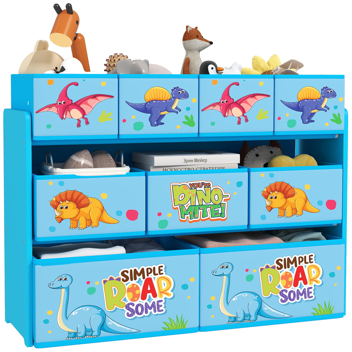 3-Tier Kids Storage Unit With 9 Non-Woven Fabric Boxes For Toys, Books, For Bedroom, Nursery, Blue