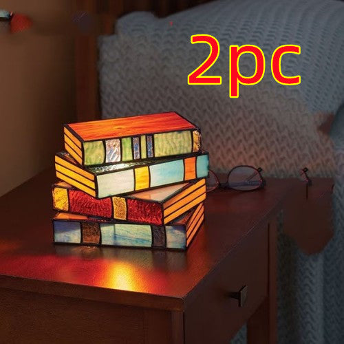 Lampe de chevet empilée en forme de livres, artisanat en résine, lampe de bureau empilée en forme de livres, lampe de lecture de table en vitrail décorative