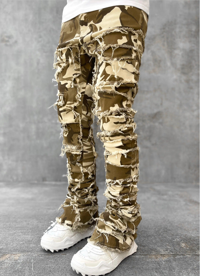 Pantalon déchiré à franges, avec patchs individuels, coupe longue ajustée, jean superposé pour hommes
