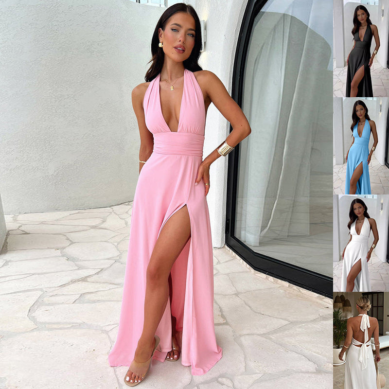 Robe d'été sexy à col licou en V fendue, dos nu, à bretelles, jupe tendance pour femmes