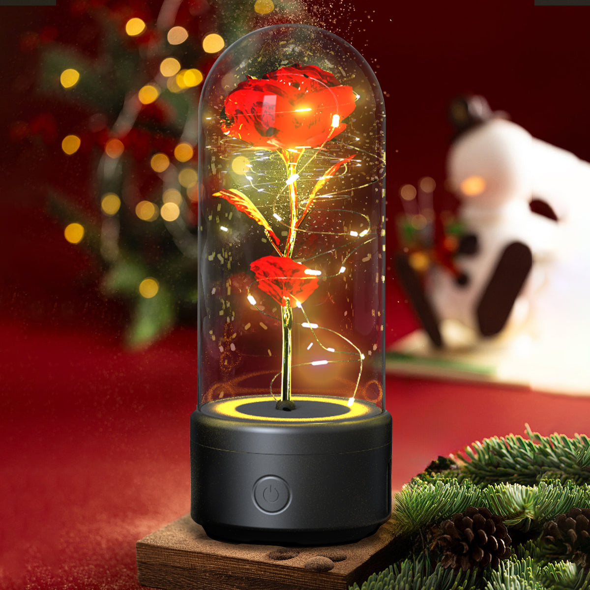 Veilleuse créative 2 en 1 avec fleurs roses, lampe LED et haut-parleur compatible Bluetooth, cadeau de Saint-Valentin, ornement lumineux en forme de rose sous cloche en verre