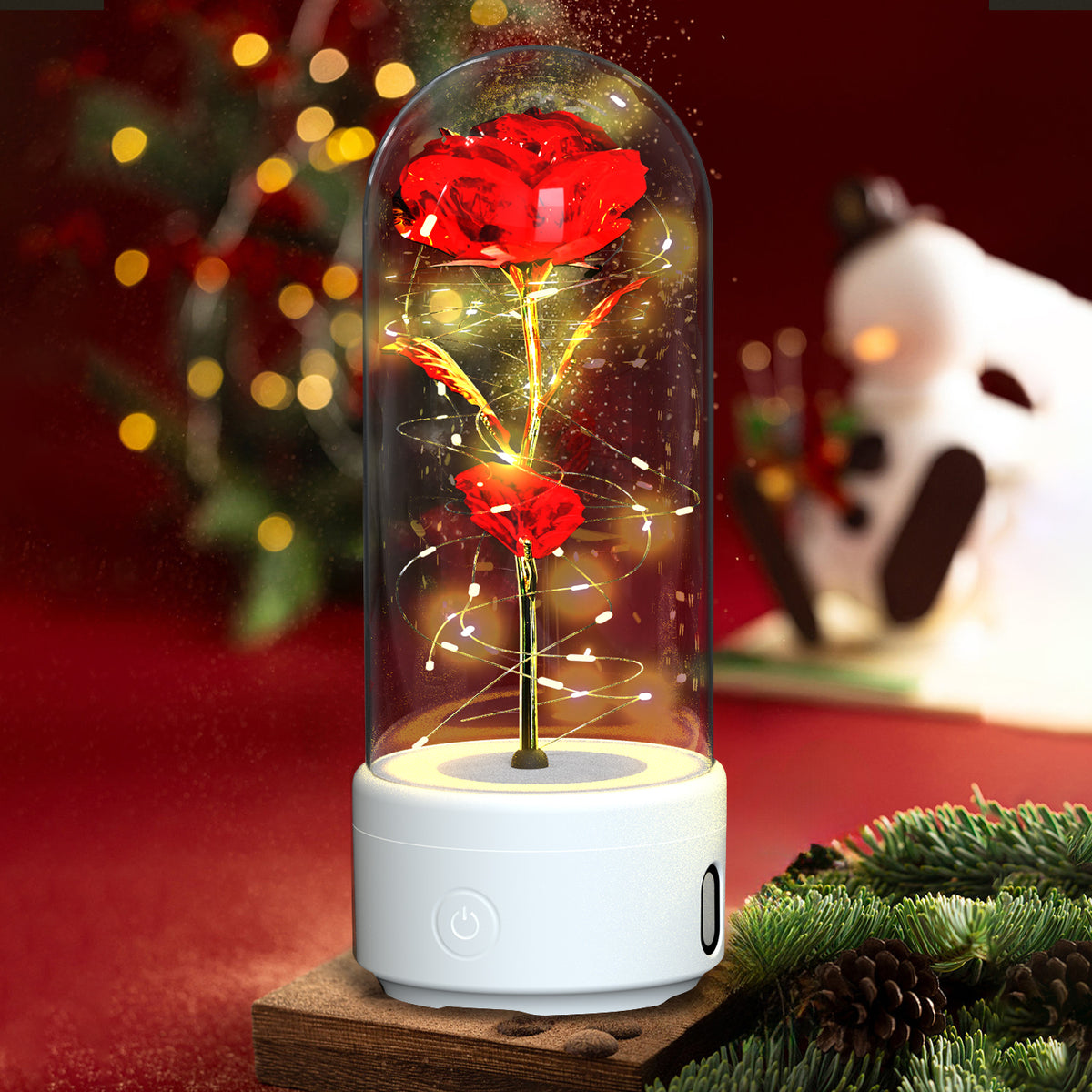 Veilleuse créative 2 en 1 avec fleurs roses, lampe LED et haut-parleur compatible Bluetooth, cadeau de Saint-Valentin, ornement lumineux en forme de rose sous cloche en verre