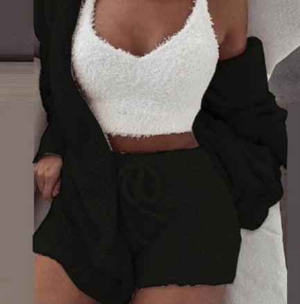 Ensemble pyjama 3 pièces femme avec débardeur court à manches longues et short à cordon de serrage