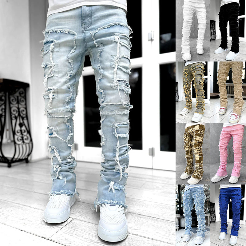Pantalon déchiré à franges, avec patchs individuels, coupe longue ajustée, jean superposé pour hommes