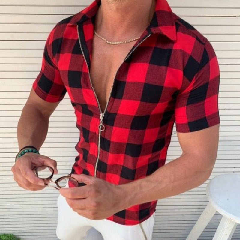 Chemise à carreaux pour hommes, à manches courtes et fermeture éclair, vêtements d'été pour hommes