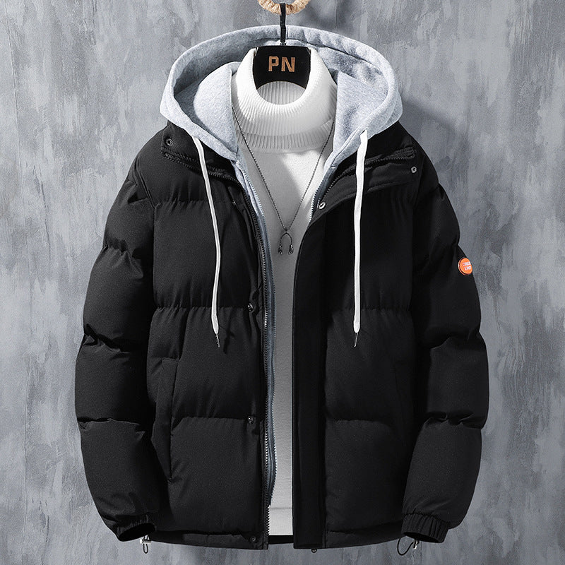 Veste à capuche mode homme, hiver, coupe-vent, épaissie, fausse deux-pièces, manteau uni, loisirs, sport, en coton