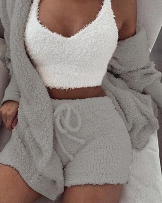 Ensemble pyjama 3 pièces femme avec débardeur court à manches longues et short à cordon de serrage
