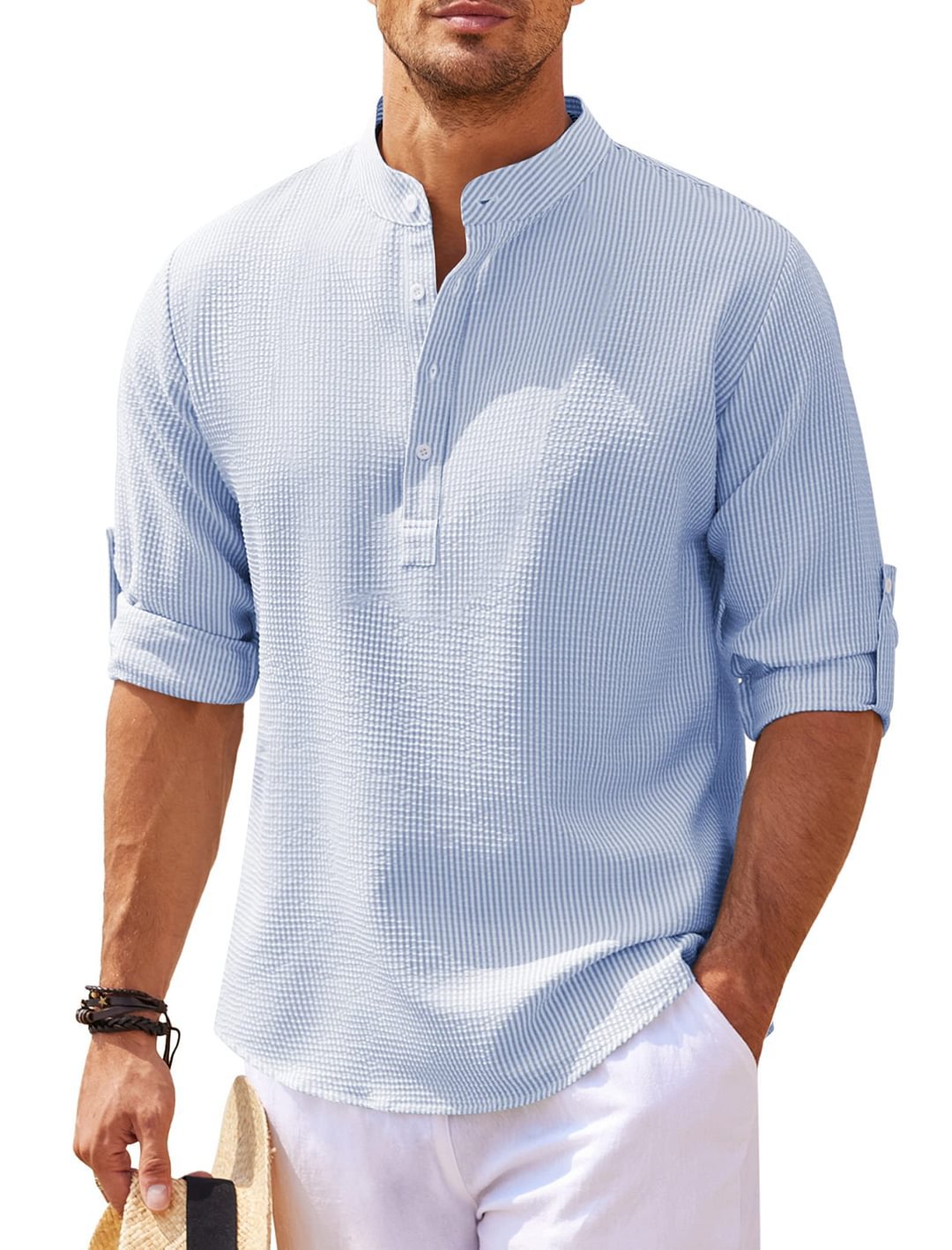 Chemise décontractée pour homme à manches longues col montant couleur unie Vêtements pour hommes